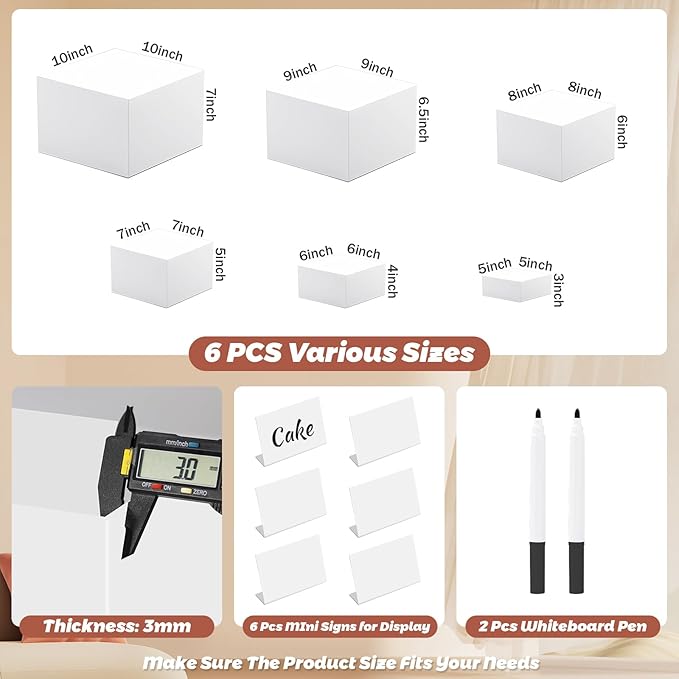 6Pcs Buffet Risers with Mini Sign and Maker, Acrylic Food Risers for Buffet Table, Catering Dessert Cake Stand for Party, Collectibles Jewelry Display Stand, White Cube Boxes Nesting Risers(10",9",8",7",6",5")