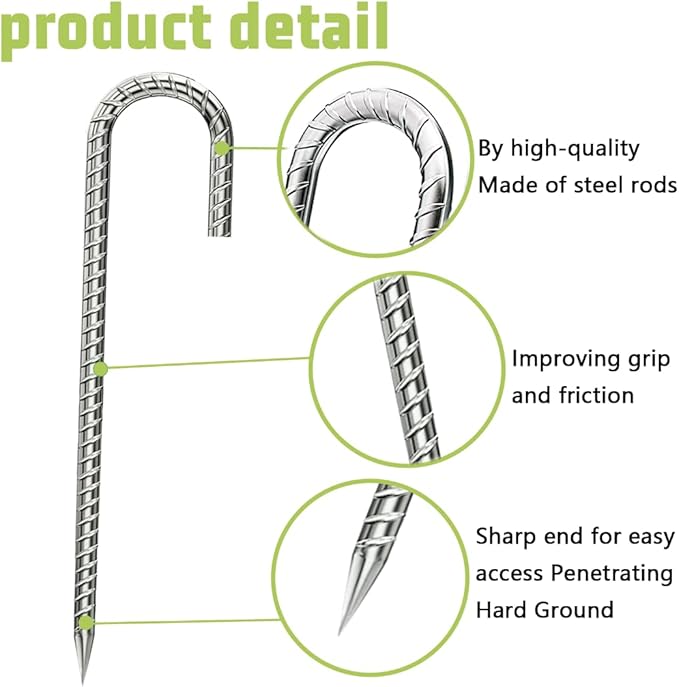 J-Hook-Rebar-Stakes-12 Inch, Ground Stakes Heavy Duty Rebar Stakes for Camping 50pcs Rebar Stakes Rust Proof Coated Metal for Flower Gardens Dog Fence Camping Tents Chicken Coop