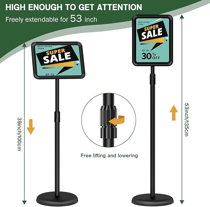 Sign Holder - 8.5x11 inch Sign Stand Holder Adjustable Display Stand Floor Standing Sign Holder, Signage Stand with Snap-Open Frame Display for Malls,Schools,Restaurants (Black)
