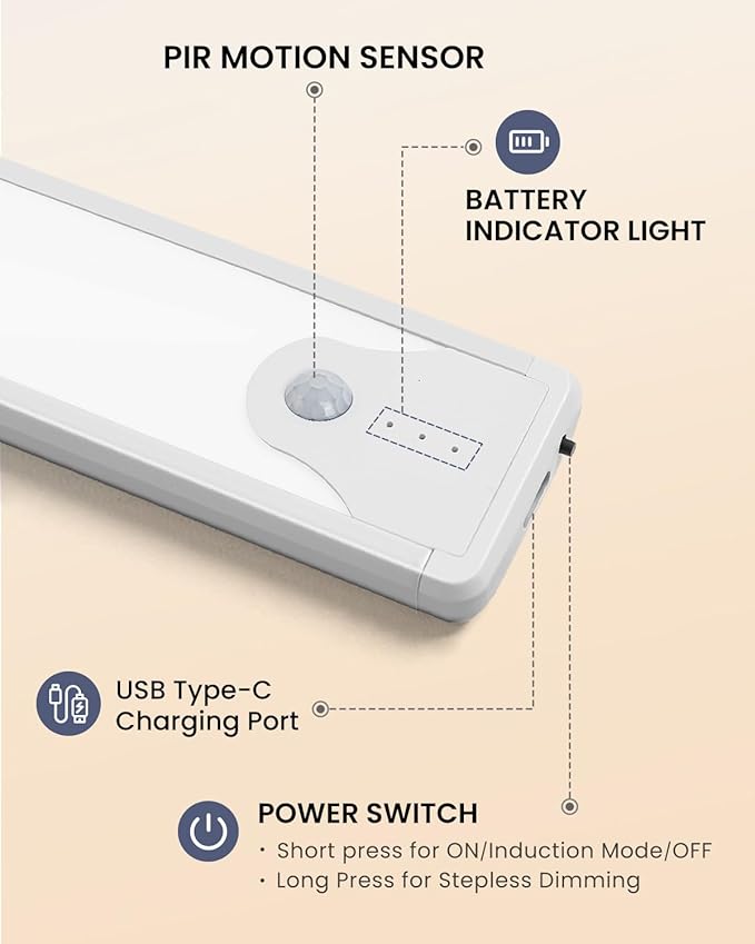 Pak 16 Inch Under Counter Cabinet Lighting, 83 LED Battery Operated Motion Sensor Light, Dimmable Closet Lights, USB Rechargeable, Wireless Magnetic Under Counter Light for Kitchen, Bathroom, 2 Packs