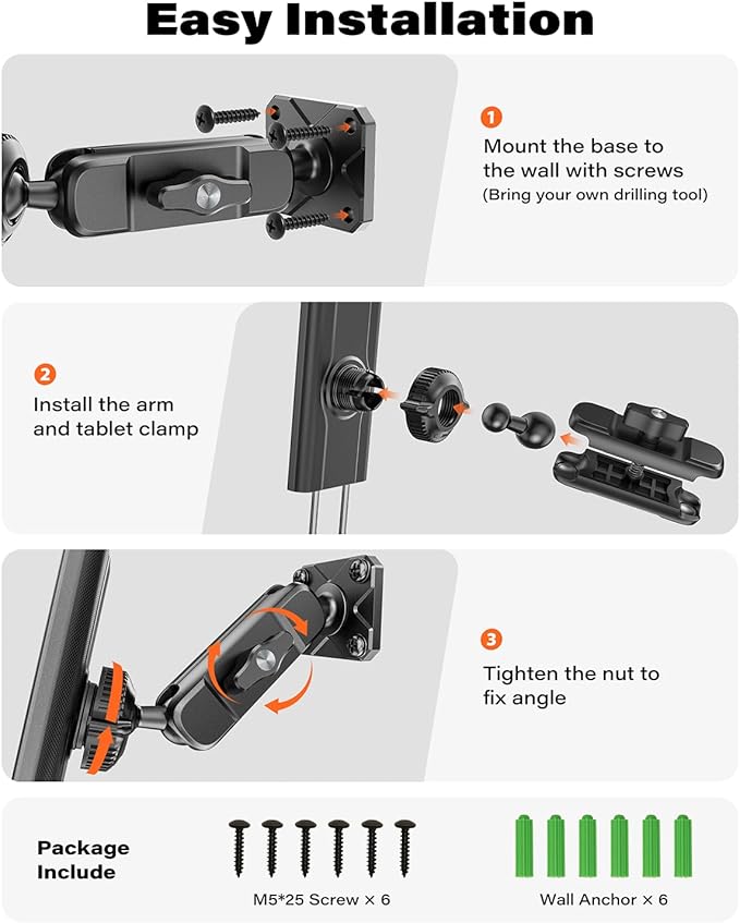 A2C for iPad Wall Mount, Heavy Duty Drill Mount Tablet Holder for Walls Kitchens, Metal Base & Arm 360° Adjustable Wall Mount for iPad Compatible with 4.7”-13” Devices