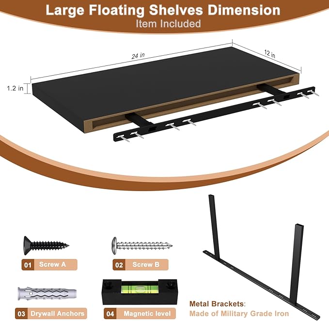 12 Inch Deep Floating Shelves for Wall 2 Pack Floating Shelfs Large Storage Space Wall Decor Display Shelf for Bathroom Living Room Bedroom Kitchen 23.8" W x 12" D x 1.2" H Black