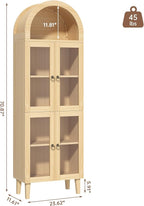 71” Tall Arched Pantry Cabinet with Glass Door, Display Cabinet Organizer, Versatile Pantry with Top-Opening Storage Container for Living, Kitchen Dining Room, Natural