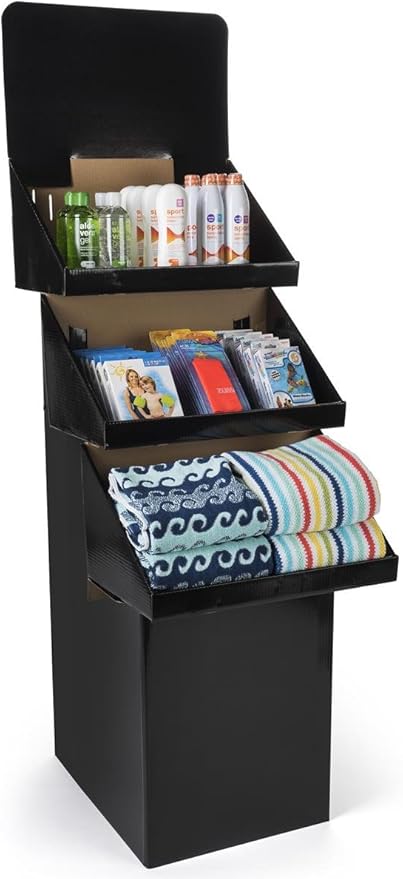 3-Tier Point-of-Purchase Display Bin for Floor, Free-Standing, Black Corrugated Cardboard, Easy Setup - Sold in Sets of 3