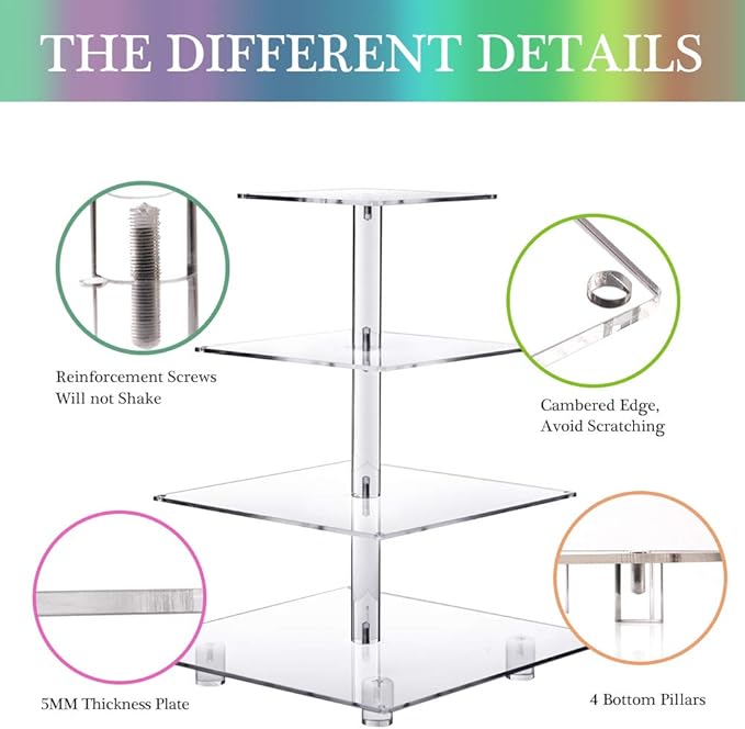 Cupcake Stand – Premium Holder Acrylic Tower Display Cady Bar Party Décor 4 Tier for Pastry + LED Light String Ideal Weddings, Birthday(Colorful light)