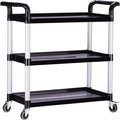 Plastic Utility Carts with Wheels, Heavy Duty 510lbs Capacity Rolling Service Cart, 3-Tier Restaurant Food Cart with Hammer for Office, Warehouse, Garage (Lockable Wheels, Black)