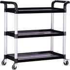 Plastic Utility Carts with Wheels, Heavy Duty 510lbs Capacity Rolling Service Cart, 3-Tier Restaurant Food Cart with Hammer for Office, Warehouse, Garage (Lockable Wheels, Black)