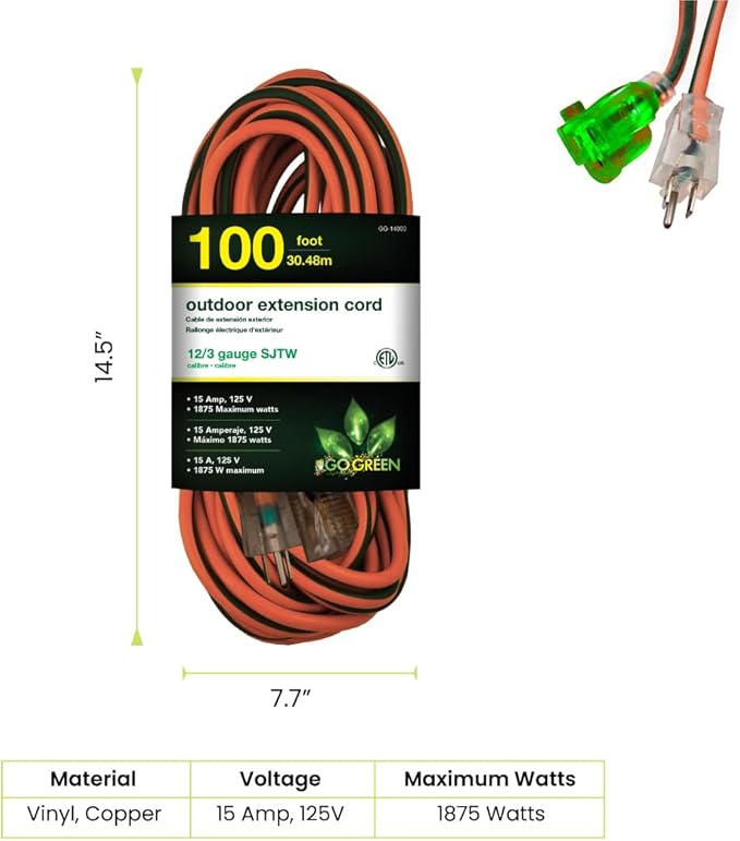 Go Green Power Inc. (GG-14000) 12/3 SJTW Outdoor Extension Cord, Lighted End, Orange, 100 ft