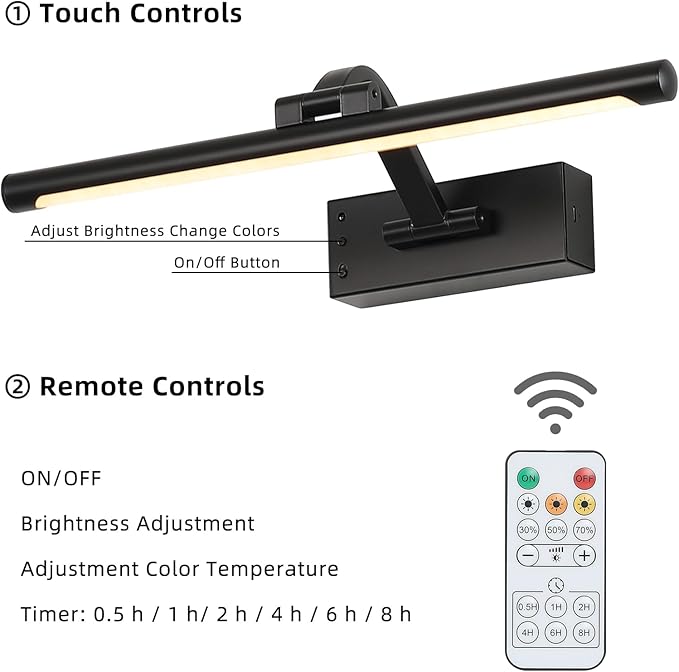 Picture Light Removable Battery Charging, 16in Wireless Art Light for Paintings, Dimmable 5000mAh Recharging Battery Picture Light with Remote Control for Pictures Display