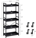 Rolanstar Bookshelf 5 Tier with 4 Hooks, Industrial Wood Bookcase, Vintage Storage Rack with Open Shelves, Rustic Standing Bookshelves Wood Frame Display Rack for Living Room, Bedroom, Black