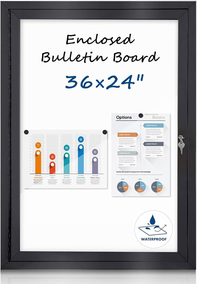 Outdoor Bulletin Board 36x24 in, Weatherproof Enclosed Bulletin Board with Locking Door, Magnetic Whiteboard, Black Aluminum