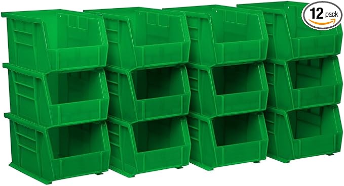 Akro-Mils 30237 AkroBins Plastic Storage Bins, Space-Saving Stackable Bins for Garage, Pantry, Craft Organization, 9" x 6" x 5", Green, 12-Pack