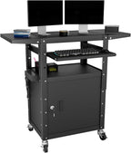 Mobile AV Cart with Pullout Keyboard Tray, Rolling Computer Cart Height Adjustable Rolling Media Utility Cart with Extra Storage Space, 4 Outlets, Perfect for Home or Office Use