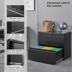 Metal File Cabinet with Lock, 2 Drawer Lateral File Cabinets for Home Office, Printer Stand, Heavy Duty Office Storage Cabinet for A4/Letter/Legal Size, Assembly Required(Black)