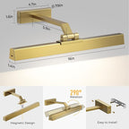 Picture Lights for Wall, Brushed Gold Battery Operated Picture Light 16in Art Light CCT Dimmable Recharging Battery Wall Light with Remote Control for Living Room Gallery