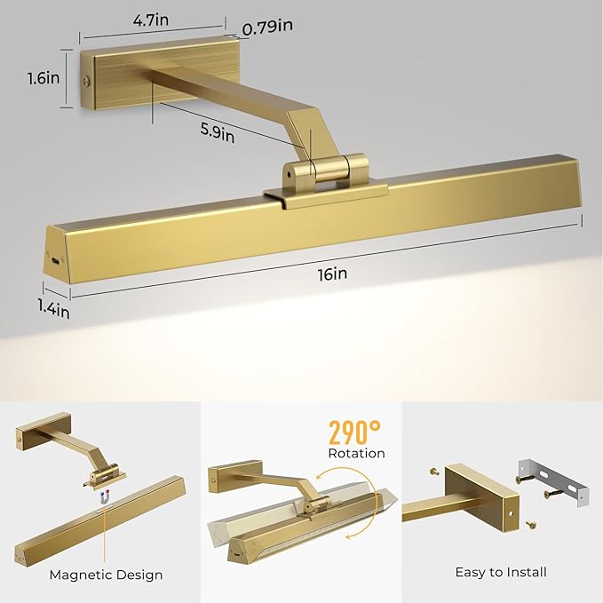 Picture Lights for Wall, Brushed Gold Battery Operated Picture Light 16in Art Light CCT Dimmable Recharging Battery Wall Light with Remote Control for Living Room Gallery