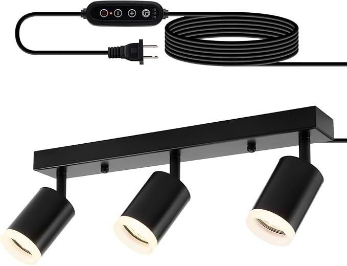 Bojim Plug in Ceiling Track Lighting with 14.3ft Power Cord for Kitchen, Dimmable LED Spotlight Wall Mounted for Sala, Black 3 Lights Fixture Removable Cup for Bedroom Farmhouse Studio, GU10 No Bulb
