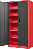 Metal Storage Cabinet-71” Tall Steel File Cabinets with Lockable Doors and Adjustable Shelves-Black&Red Steel Storage Cabinet for Home, School, Office, Garage