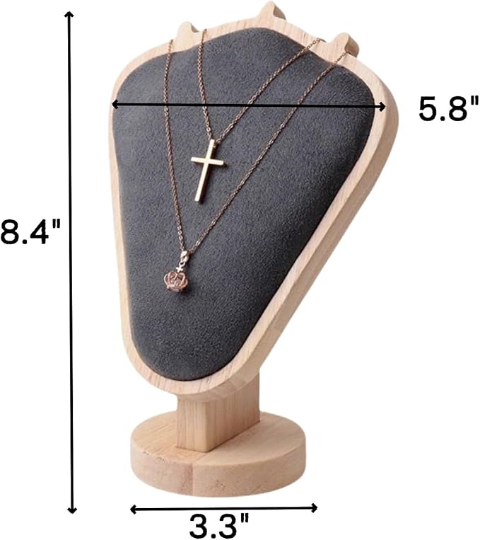 Natural Body Wood Necklace Display Stand with Gray Flannelette Soft Mat Necklace Holder Organizer Desktop Stand for Home Store Dresser-3.3"x5.8"x8.4"