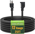 25 Ft Outdoor Extension Cord - 12/3 SJTW Heavy Duty Black Extension Cable with 3 Prong Grounded Plug - Power Cord for Lawn, Garden, Appliances