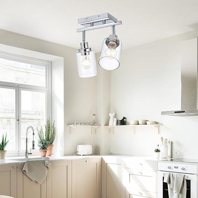 2-Light Track Lighting Kit Ceiling Kitchen Track Lighting Fixtures Chrome Bathroom Vanity Wall Lights with Clear Glass Multi-Directional Rotating Tracking Light Heads Spotlight for Accent Shop