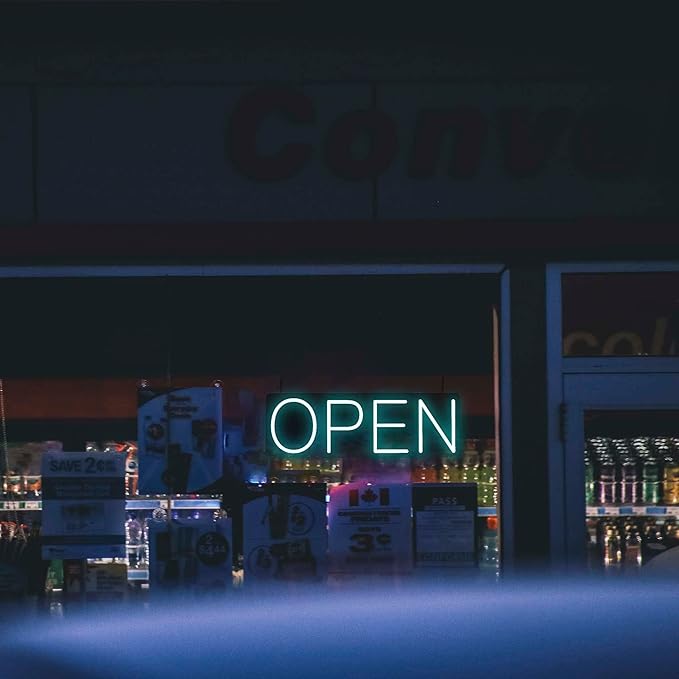 HiNeon Ice Blue Neon Open Sign 20inx7in LED Open Sign w/Remote Controller, Electric Cyan Light Sign for Business Store, w/Hanging Chain for Shop Windows, Direct Plug-In w/ 12V Power Adapter