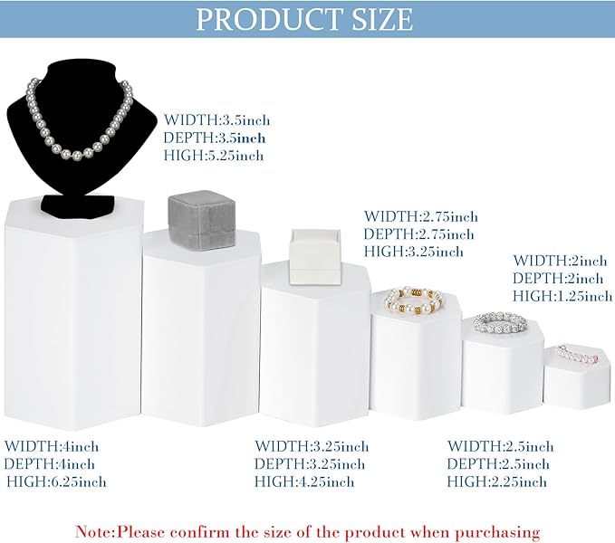 Jetec Hexagonal Jewelry Display Risers Hexagonal Market Display Risers Stands Acrylic Showcase Acrylic Stand for Jewelry Model Figures Decoration, 6 Sizes(White,24 Pieces)