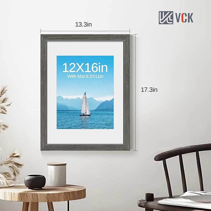 VCK 12x16 Picture Frame 5 Pack - Grey, High-End Wood Poster Frames with Tempered Glass, Display 8.5x11 Photo with Mat or 12x16 without Mat, Art Gallery-Quality, Wall Hanging, Grey