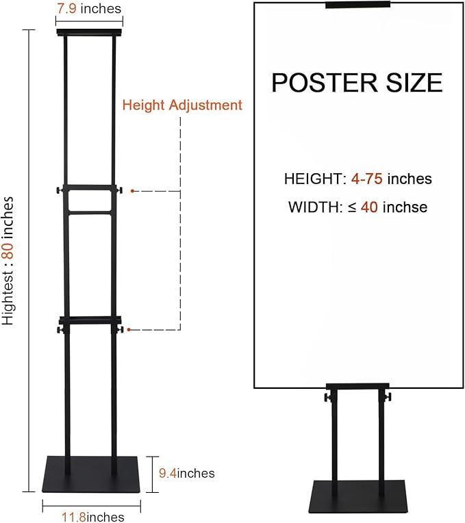 Floor Poster Stand,Heavy Duty Display Poster Sign Holder&with Non-Slip Mat Base Adjustable Height Up to 75 inches for Board & Foam (1-Pack)