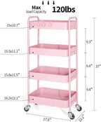 TOOLF 4-Tier Metal Rolling Cart with Wheels, Storage Utility Organizer Cart for Kitchen, Bathroom, Office, Baby Essentials & Makeup - Lockable Casters, Easy Assembly, Large Capacity, Pink