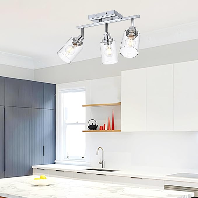 3-Light Track Lighting Kit Ceiling Kitchen Track Lighting Fixtures Chrome Bathroom Vanity Wall Lights with Clear Glass Multi-Directional Rotating Tracking Light Heads Spotlight for Accent Shop