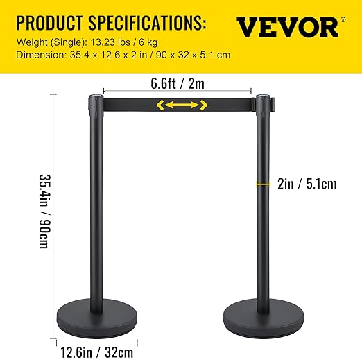 VEVOR Crowd Control Stanchion Set, Stanchion Set with 6.6 ft/2 m Black Retractable Belt, Black Crowd Control Barrier w/Concrete and Solid Metal Base - Easy Connect Assembly (6)