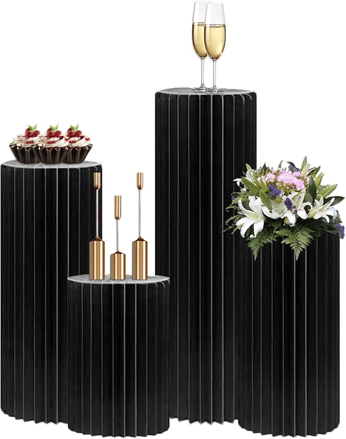 4Pack Cylinder Stands for Party, Foldable Cardboard Columns with 4 Clear Round Top Plates, Cake Display Pedestal Stand for Wedding Banquet Vendor Events Decorative (Black)