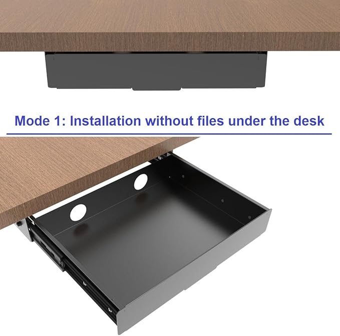 Under Desk Mounted Slide out Drawer, W 13.4" x D 9.3" Storage Organizer with Cable Management for Office & Standing Desks with High Crossbar, Metal, Black (Medium)