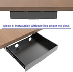 Under Desk Mounted Slide out Drawer, W 13.4" x D 9.3" Storage Organizer with Cable Management for Office & Standing Desks with High Crossbar, Metal, Black (Medium)