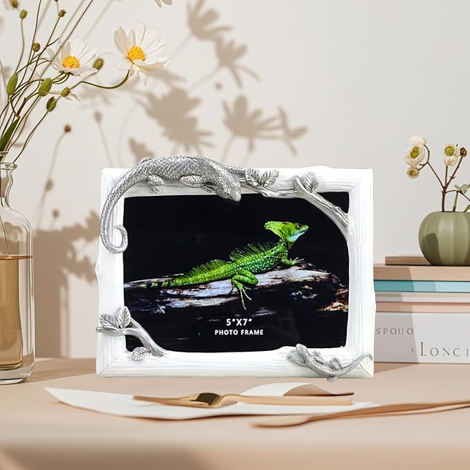 5x7 Inch Lizard Resin Picture Frame - Mother & Baby Wildlife Design, Decorative Tabletop Photo Display, Unique Home Décor Art