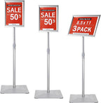 Adjustable Sign Stand for Display, with Upgraded Iron Base, Pedestal Floor Signage Stand Holder for Outdoor or Indoor Advertising (8.5 x 11, Silver 3Pack)