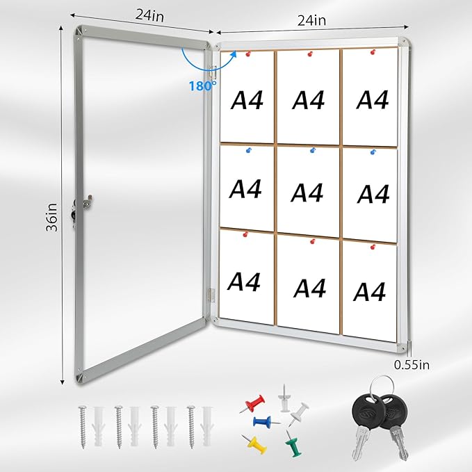 36"x24" Enclosed Cork Bulletin Board with Locking Door, Tamper-Proof Dispaly Case, Aluminium Frame, Outdoor Bulletin Board Weatherproof, Lockable Cork noticeboard for School,Office,etc