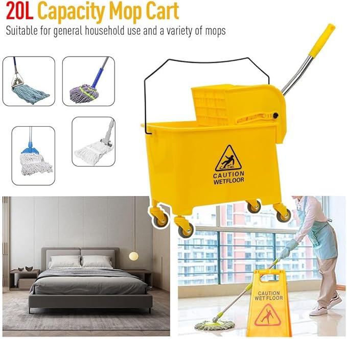 Commercial Mop Bucket with Wheels, 20 Quart Side Press Wringer Combo Mop Bucket with Wringer Combo for Home Hotel Restaurant
