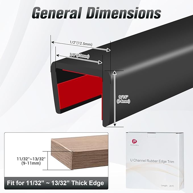 Rubber Edge Trim, Self Adhesive U Channel Edge Trim, Big Size U Shaped Trim, Edge Banding for Plywood, Woods, Shelf, Cabinet, Countertop, Size 3/8"(10mm), Length 20Ft, Black