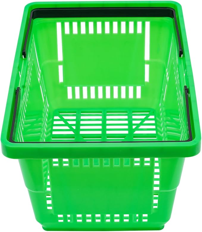 12 Pack Commercial Shopping Baskets - 28L Black/Yellow/Green Nesting Stackable Bins with Invisible Handle for Retail, Supermarket, Warehouse Durable Store Basket (Green)