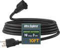 10 Ft Indoor Outdoor Black Extension Cord, 16/3 SJTW Heavy Duty Water-Resistant, 3 Prong Grounded Plug Power Cord for Home Appliance, Lights and Lawn, 13A 1625W, UL Listed