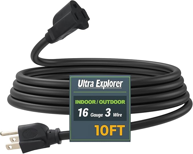 10 Ft Indoor Outdoor Black Extension Cord, 16/3 SJTW Heavy Duty Water-Resistant, 3 Prong Grounded Plug Power Cord for Home Appliance, Lights and Lawn, 13A 1625W, UL Listed