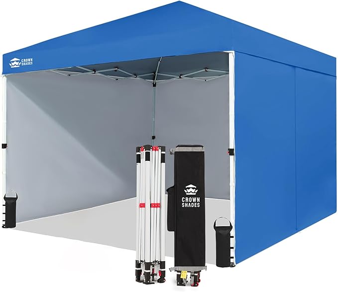 CROWN SHADES 10X10 Comercial Instant Canopy Pop Up Tent with Center Lock, 300D Fabric, 4 Sidewalls, Sto'N Go Bag, Blue