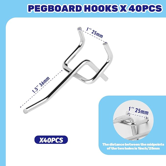 40Pcs 2" /50mm Stainless Steel Pegboard Display Hooks Bulk Set, Silver Garage Organization Peg Wall Hook Metal Slatwall Panel Hook Fit 1/8 and 1/4 Inch Pegboard for Retail