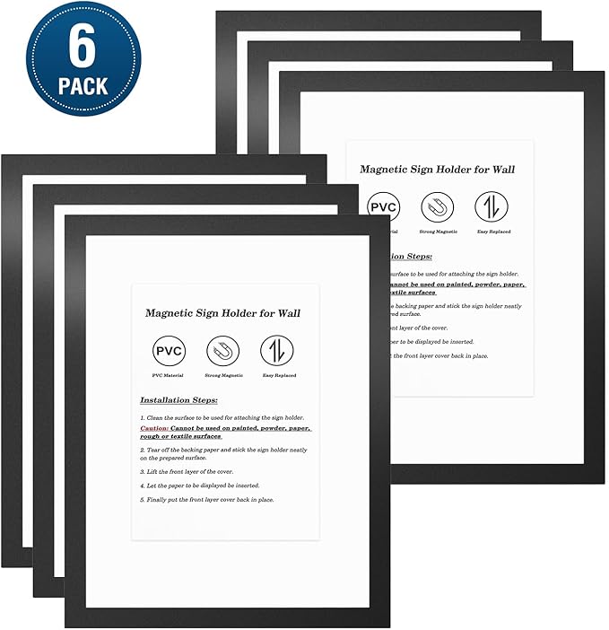 Relx 6 Pcs 8.5 x 11'' Self-Adhesive Magnetic Wall Signs Holder Magnetic Picture Frame Document Holder Wall & Window Adhesive Frames for Office Home Store Restaurant