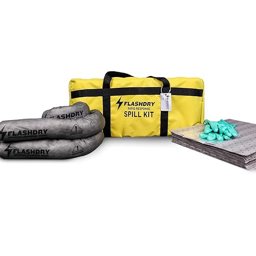 Flashdry Portable Complete Spill Kits Includes Yellow Duffle, Bag Tag, 15 Spill Absorbent Pads, 2 3" x4' Sorbent Socks, Disposal Bags, Nitrile Gloves - 6 Pack