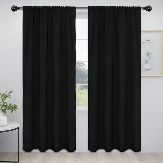 Easy-Going Rod Pocket Blackout Curtains for Bedroom, Room Darkening Window Curtains for Living Room, Thermal Insulated Noise Reduction Solid Window Drapes, 2 Panels(52x84 in, Black)