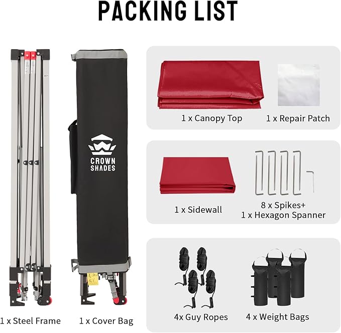CROWN SHADES 8x8 Pop Up Canopy with 1 Side Wall - Beach Tent with One Push Setup - Outdoor Sun Shade for Events, Parties, Camping - Gazebo with STO-N-Go Cover Bag (Red)