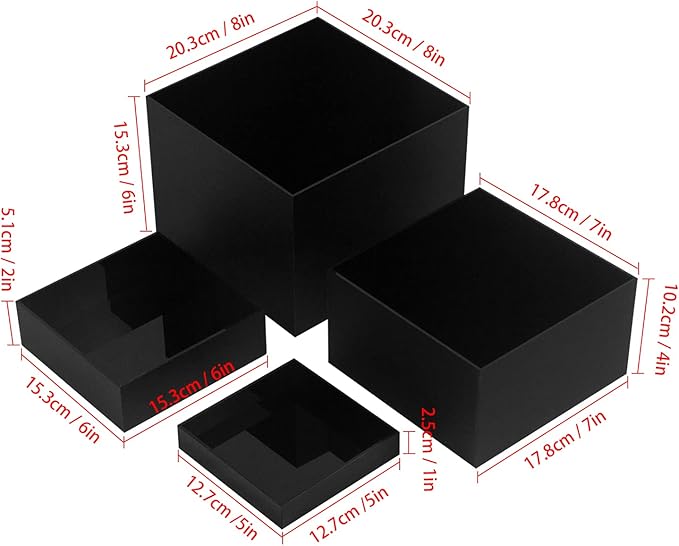 Acrylic Cube Display Boxes Pedestals, Black Platform with Hollow One Open Side, Stackable Nesting Risers Stands Shelf for Collectibles